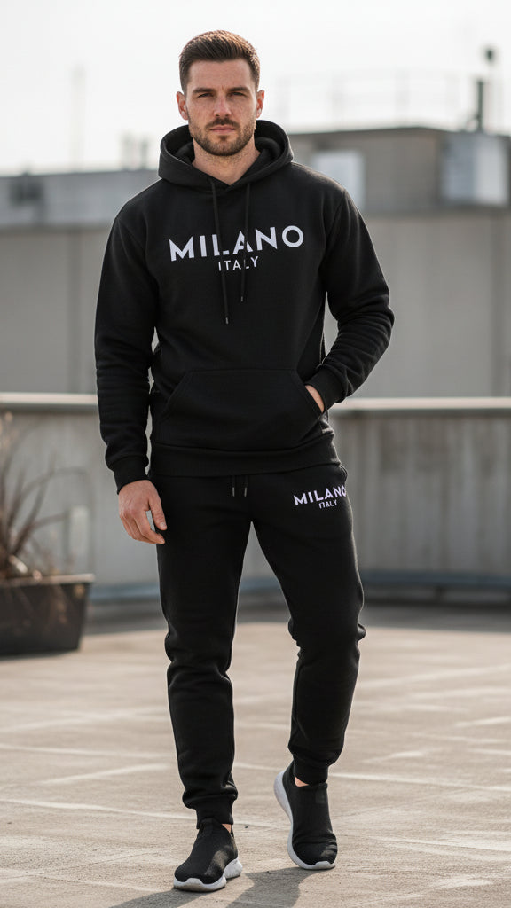 Milano-set med trykt hettegenser og joggebukse med snøring for menn