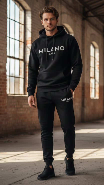Milano-set med trykt hettegenser og joggebukse med snøring for menn