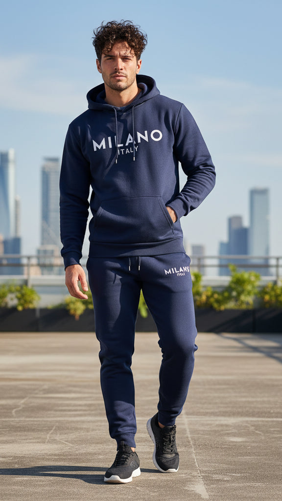 Milano-set med trykt hettegenser og joggebukse med snøring for menn
