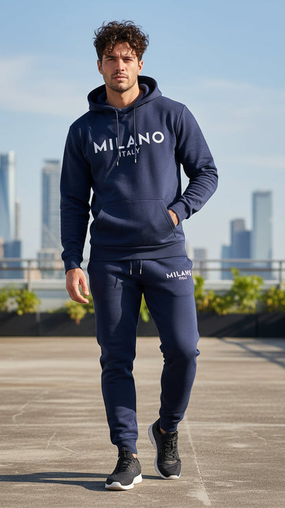 Milano-set med trykt hettegenser og joggebukse med snøring for menn