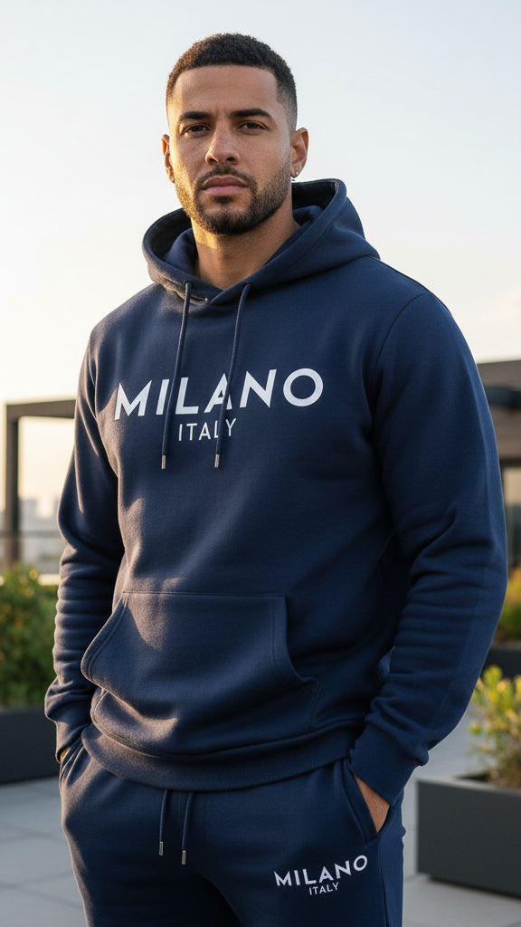 Milano-set med trykt hettegenser og joggebukse med snøring for menn