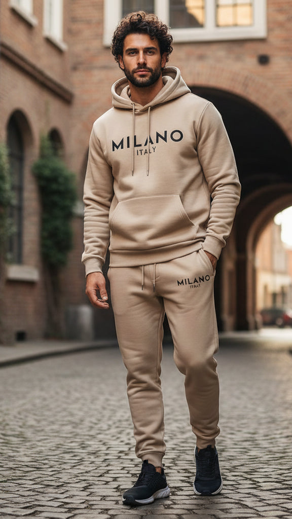 Milano-set med trykt hettegenser og joggebukse med snøring for menn