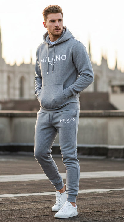 Milano-set med trykt hettegenser og joggebukse med snøring for menn