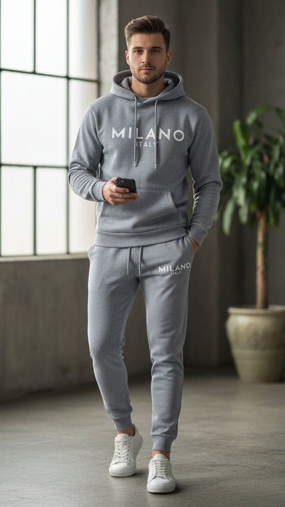 Milano-set med trykt hettegenser og joggebukse med snøring for menn