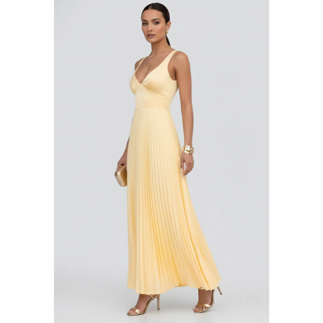 Anke | Damen Maxikleid Mit V Ausschnitt Und Plissee Für Abend