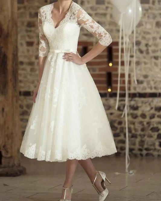 Anna | Damen Hochzeitskleid Midi mit 3/4 Ärmeln Vintage