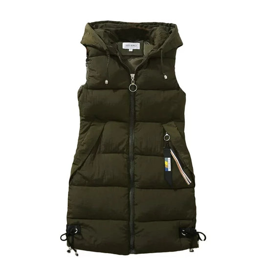 Liora - Veste chic à capuche sans manches avec poches zippées