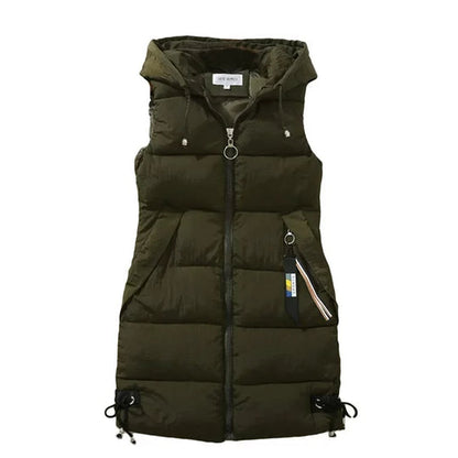 Liora - Veste chic à capuche sans manches avec poches zippées