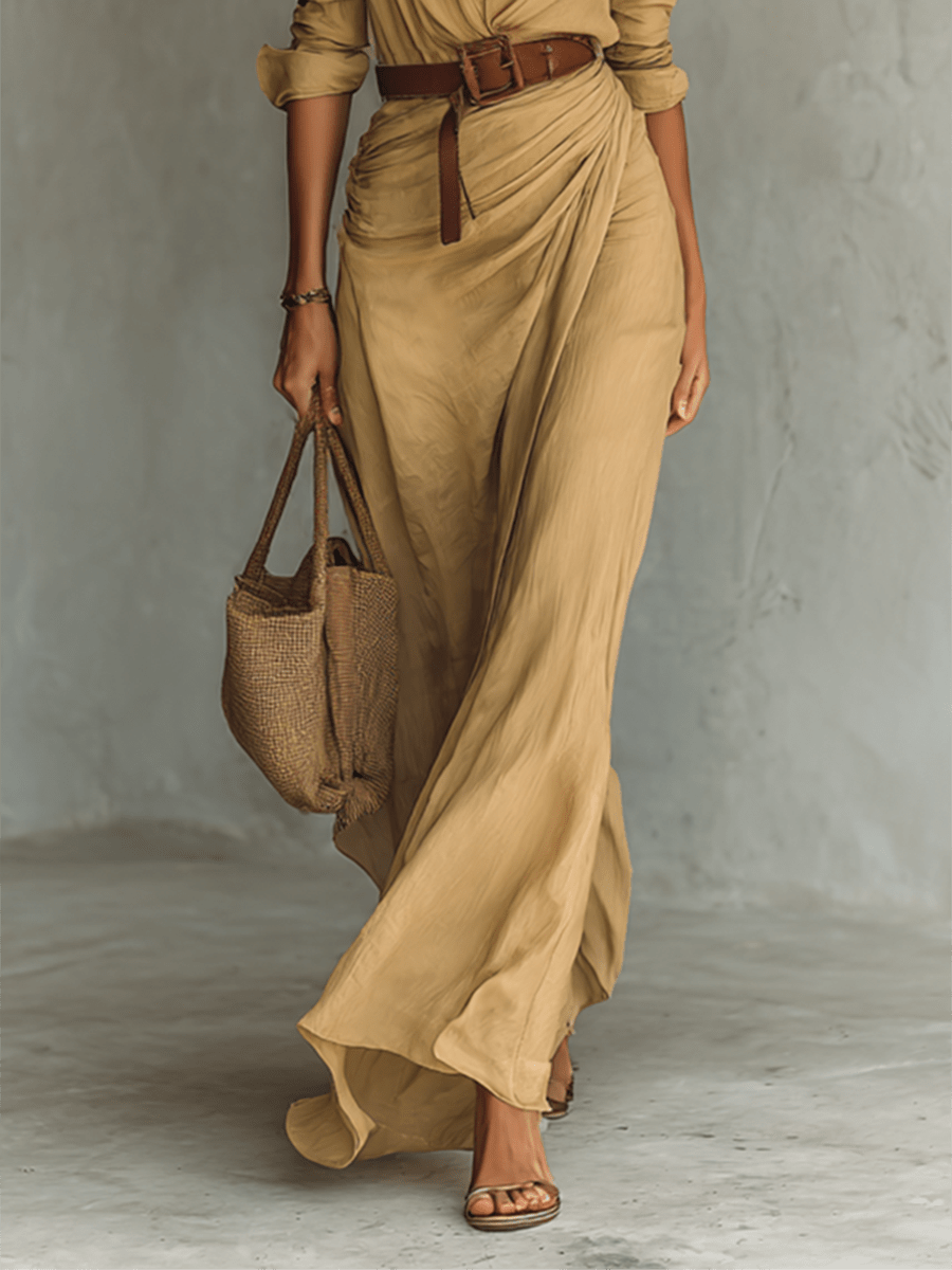 Avenira | Drapowana Koszulowa Sukienka Maxi Letnia - Pootivo
