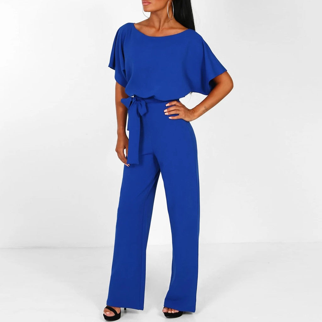 Weites Bein Jumpsuit Damen – Gürtel & Kurzarm