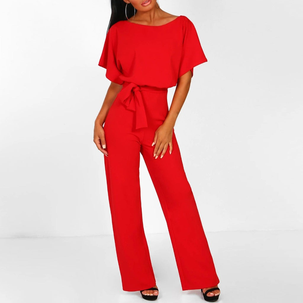 Roter eleganter Damen-Jumpsuit mit Gürtel, Kurzarm, modisch, bequem, ideal für Partys.