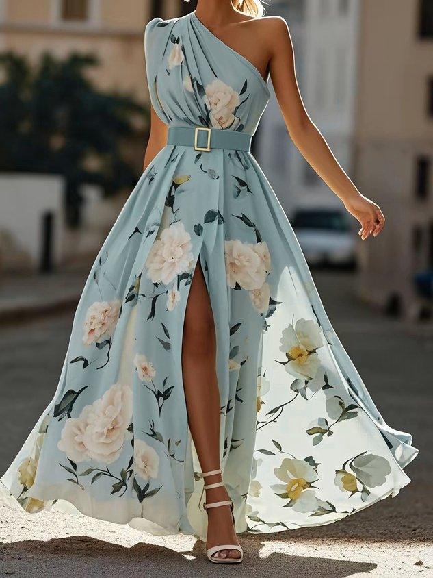 The Flora — One Shoulder Floral Chiffon Maxi Dress with Split