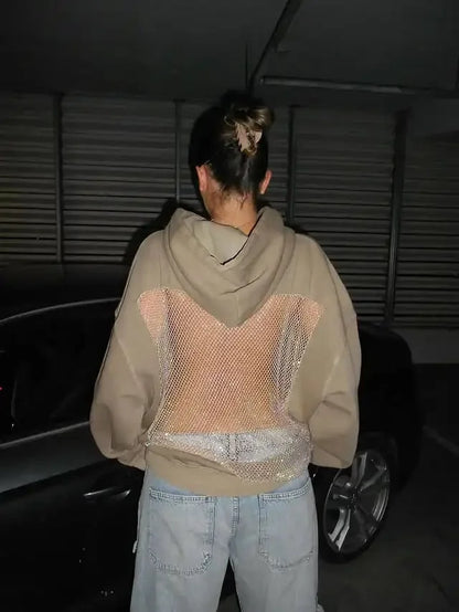 Yasmina – Rückenfreier Masche Glitzer Kapuzenpullover