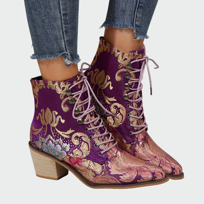 Sandra | Botines De Cuero Con Flores Elegantes Radiantes