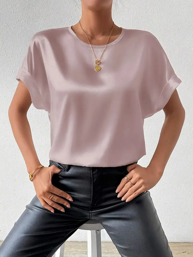 Valkirra - T shirt en satin à manches courtes roulées et encolure ronde