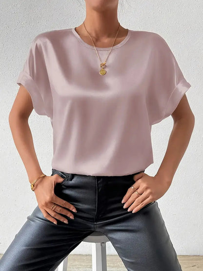 Valkirra - T shirt en satin à manches courtes roulées et encolure ronde