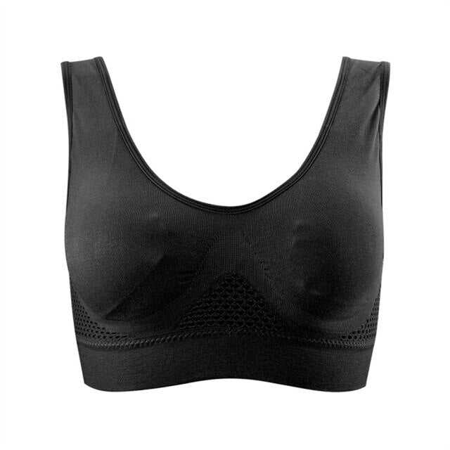 Soutien-gorge de sport noir sans coutures, design ergonomique, tissu respirant, idéal pour fitness et yoga, confort et maintien optimal.