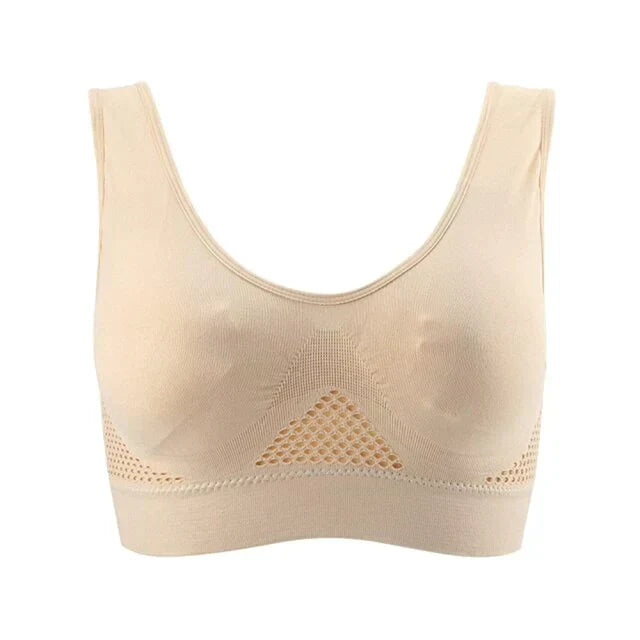 Soutien-gorge beige sans couture, design en maille respirante, confort optimal, lingerie féminine moderne, idéal pour un usage quotidien.
