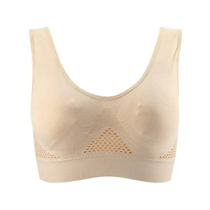Soutien-gorge beige sans couture, design en maille respirante, confort optimal, lingerie féminine moderne, idéal pour un usage quotidien.