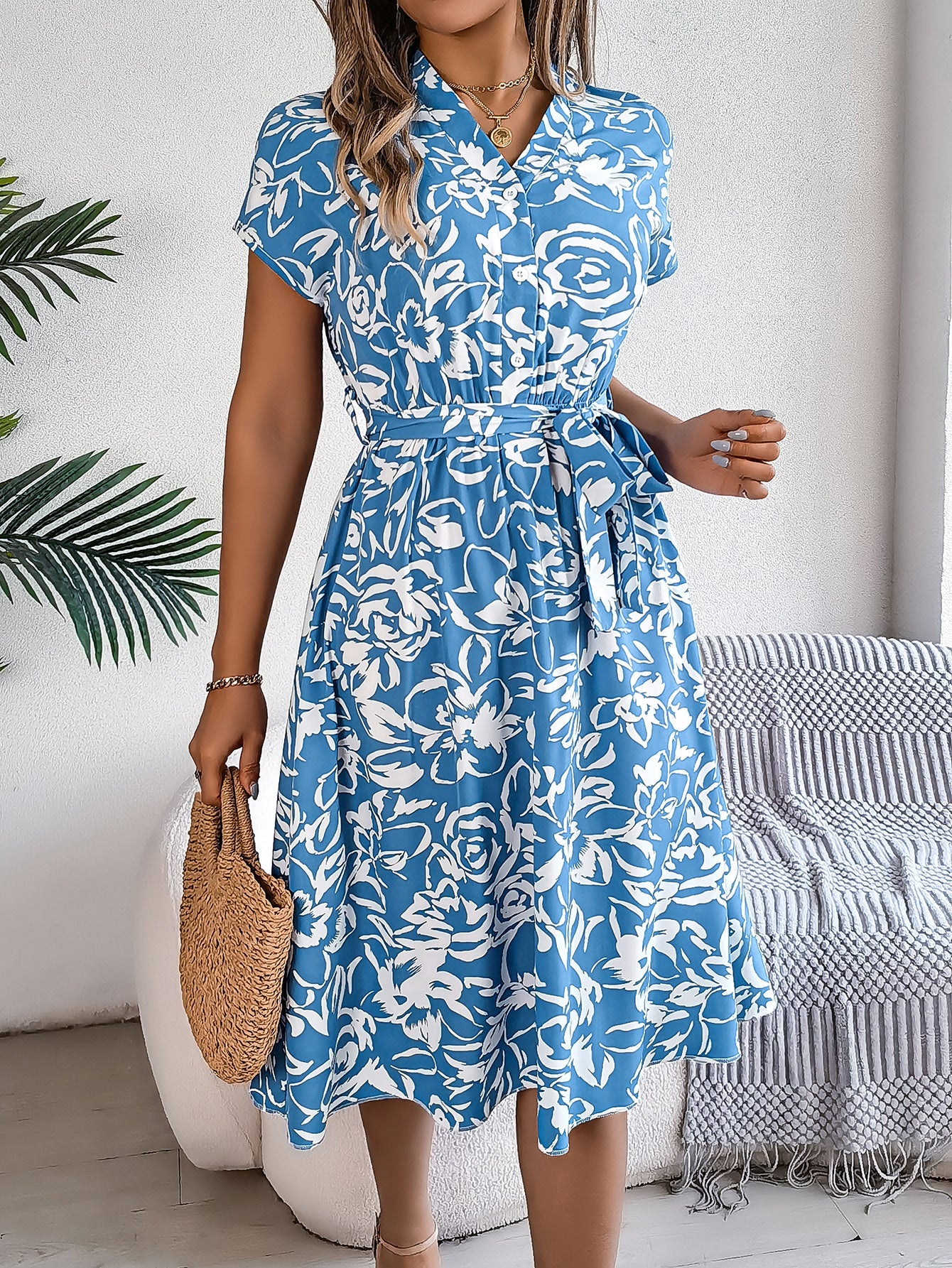Women's Casual V Neck Button Batwing Sleeve Floral Print Flowy Dress