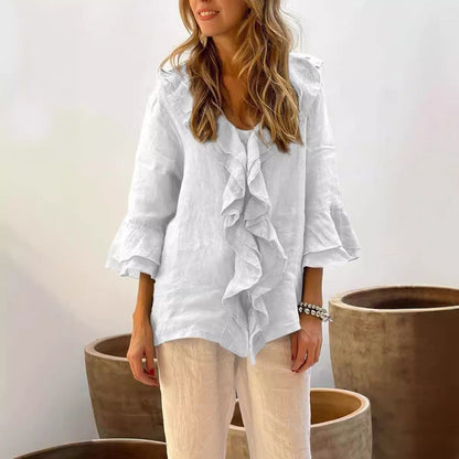 Blusa com decote em V e mangas franzidas