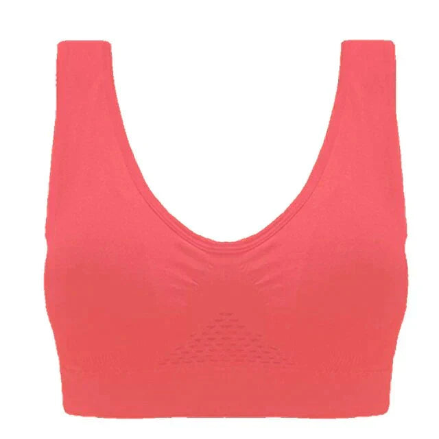 Soutien-gorge de sport rose sans coutures, design dos nageur, tissu respirant, idéal pour fitness et yoga. Confort et maintien optimal.