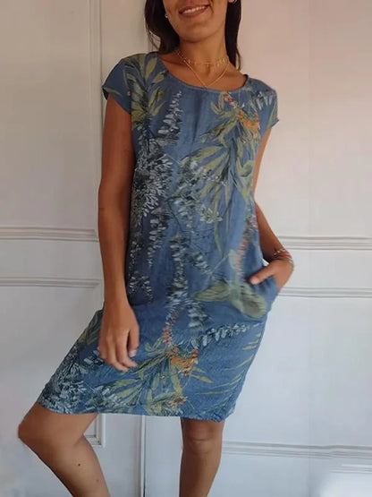 Women's Linen Tropical Print Shift Dress
