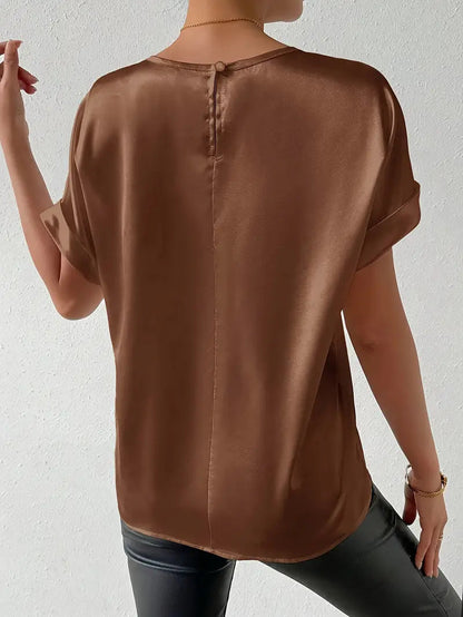 Valkirra - T shirt en satin à manches courtes roulées et encolure ronde