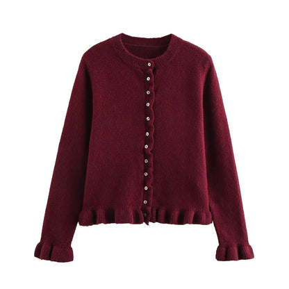Ruffled women's cardigan with buttons, chic layered top