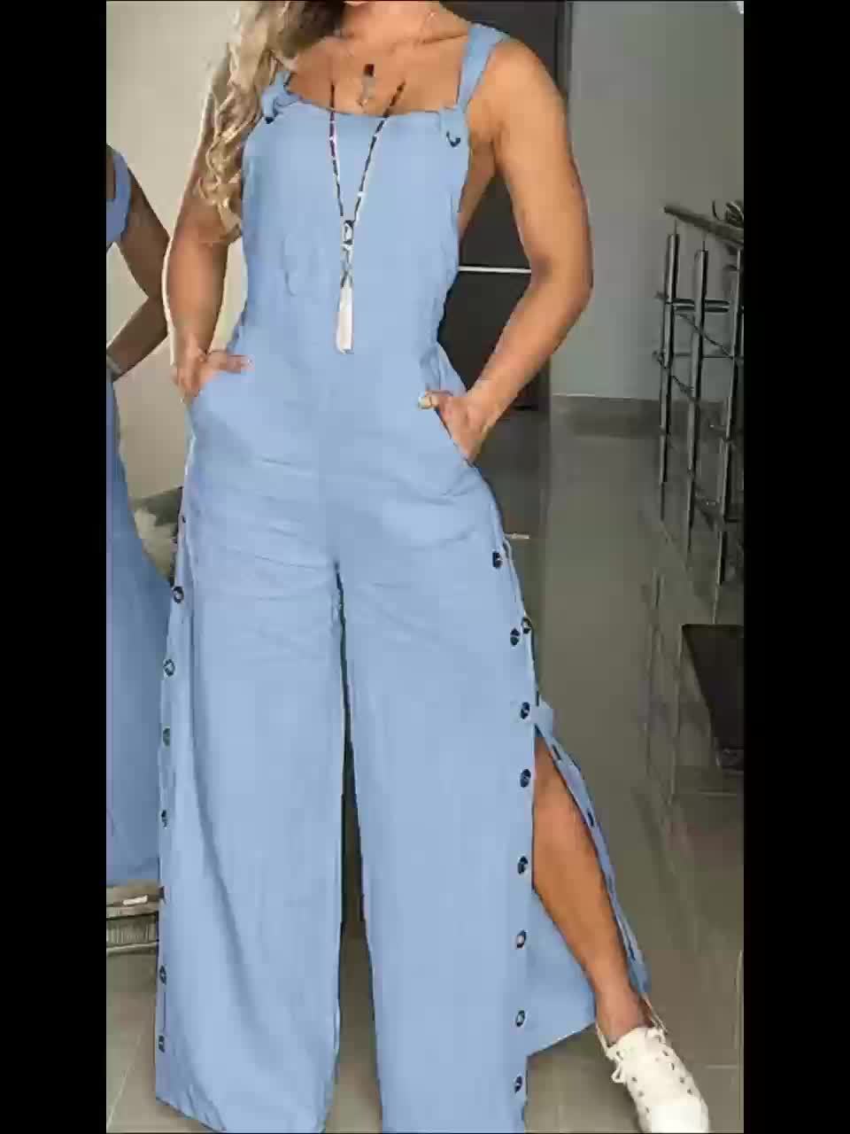 Roupa de Moda Feminina, Jardineiras Femininas, Macacão Casual de Cor Sólida Sem Mangas e Perna Larga com Bolsos Laterais e Botões Laterais