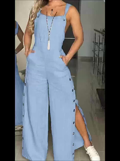 Roupa de Moda Feminina, Jardineiras Femininas, Macacão Casual de Cor Sólida Sem Mangas e Perna Larga com Bolsos Laterais e Botões Laterais