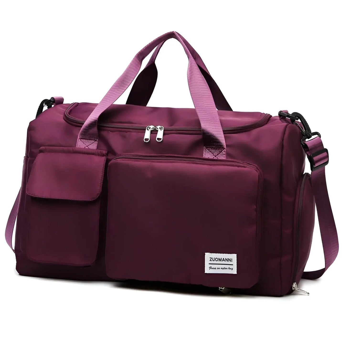 Lila Reisetasche aus Nylon mit mehreren Fächern und verstellbarem Schultergurt.