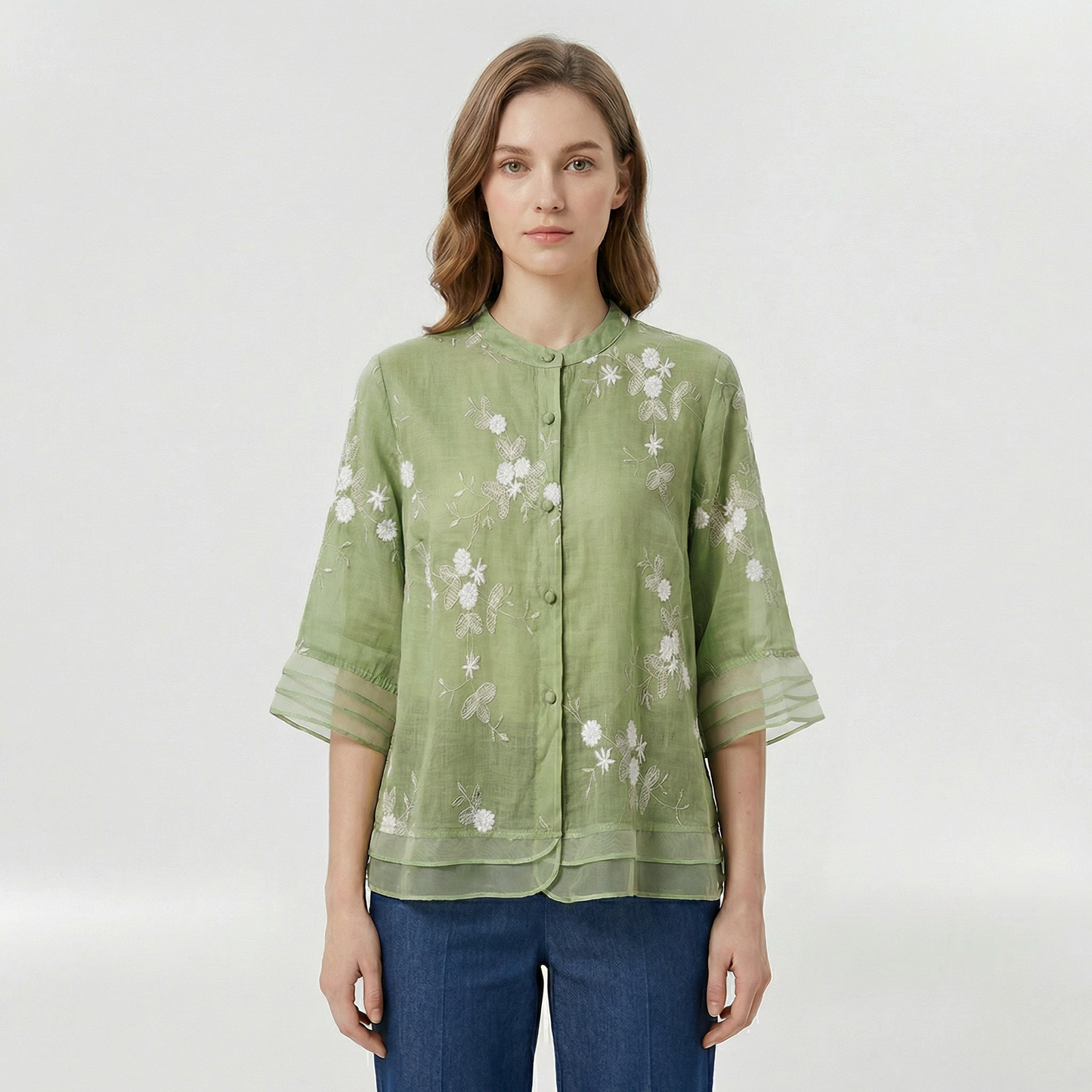 Blusa donna morbida con ricami floreali e colletto coreano casual