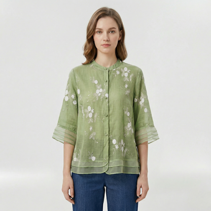 Blusa donna morbida con ricami floreali e colletto coreano casual