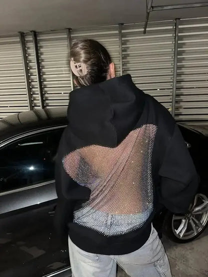 Yasmina – Rückenfreier Masche Glitzer Kapuzenpullover