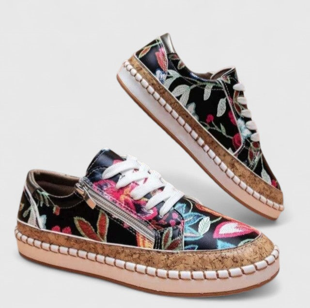 Women's Floral Print Platform Lace-Up Sneakers with Cork Sole