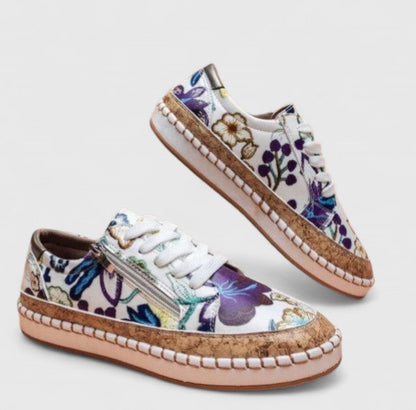 Women's Floral Print Platform Lace-Up Sneakers with Cork Sole