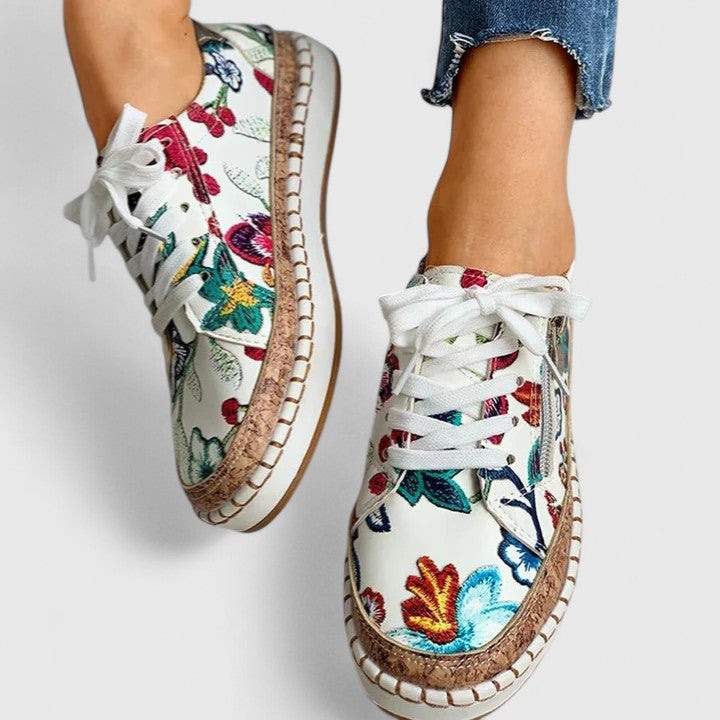 Women's Floral Print Platform Lace-Up Sneakers with Cork Sole