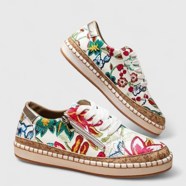 Women's Floral Print Platform Lace-Up Sneakers with Cork Sole