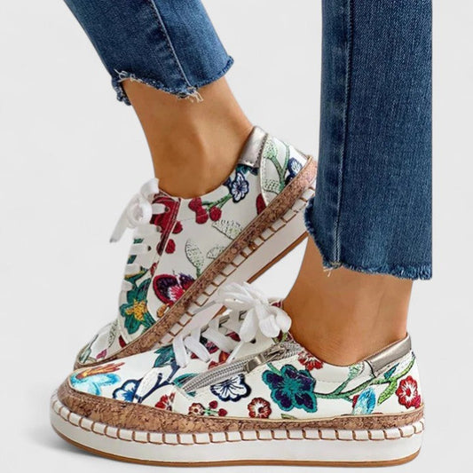 Dahlia | Women's Floral Print Platform Lace-Up Sneakers with Cork Sole