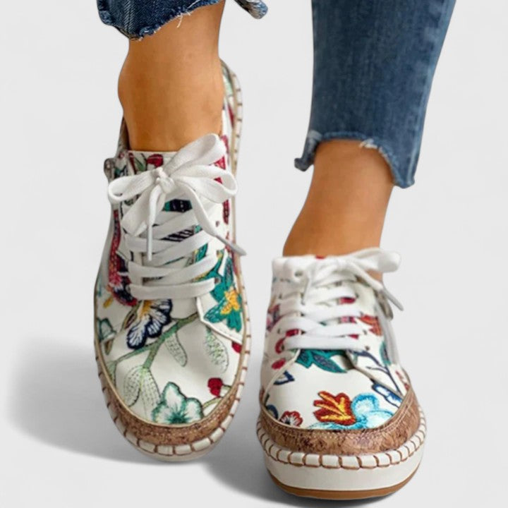 Women's Floral Print Platform Lace-Up Sneakers with Cork Sole