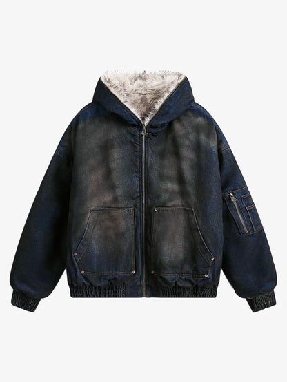 Washed Cotton Fur Hooded Jacket