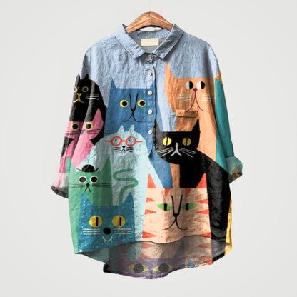 Liliana™ | Blusa de lino atemporal con gatos multicolores para la comodidad