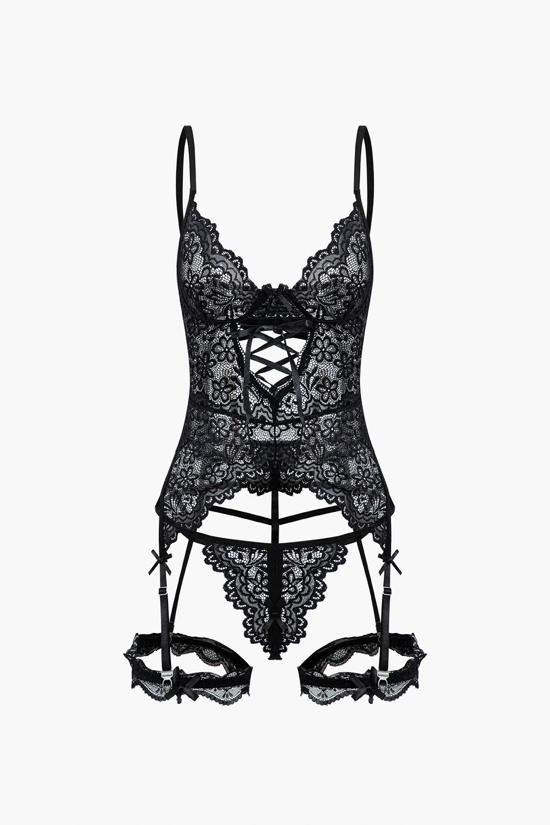 Solid Cut Out Lace Lingerie Garter Set