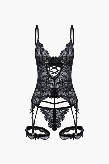 Solid Cut Out Lace Lingerie Garter Set