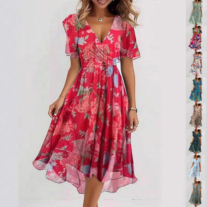 Robe Midi Femme Cache-Cœur à Fleurs – Style A-Line à Manches Courtes
