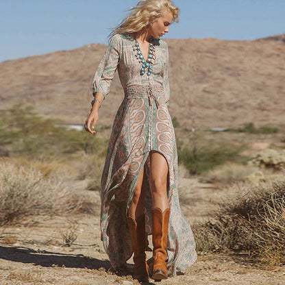 Dames Maxi Jurk | Bohemian Paisley Print | Volumineuze Mouwen & Hoge Split