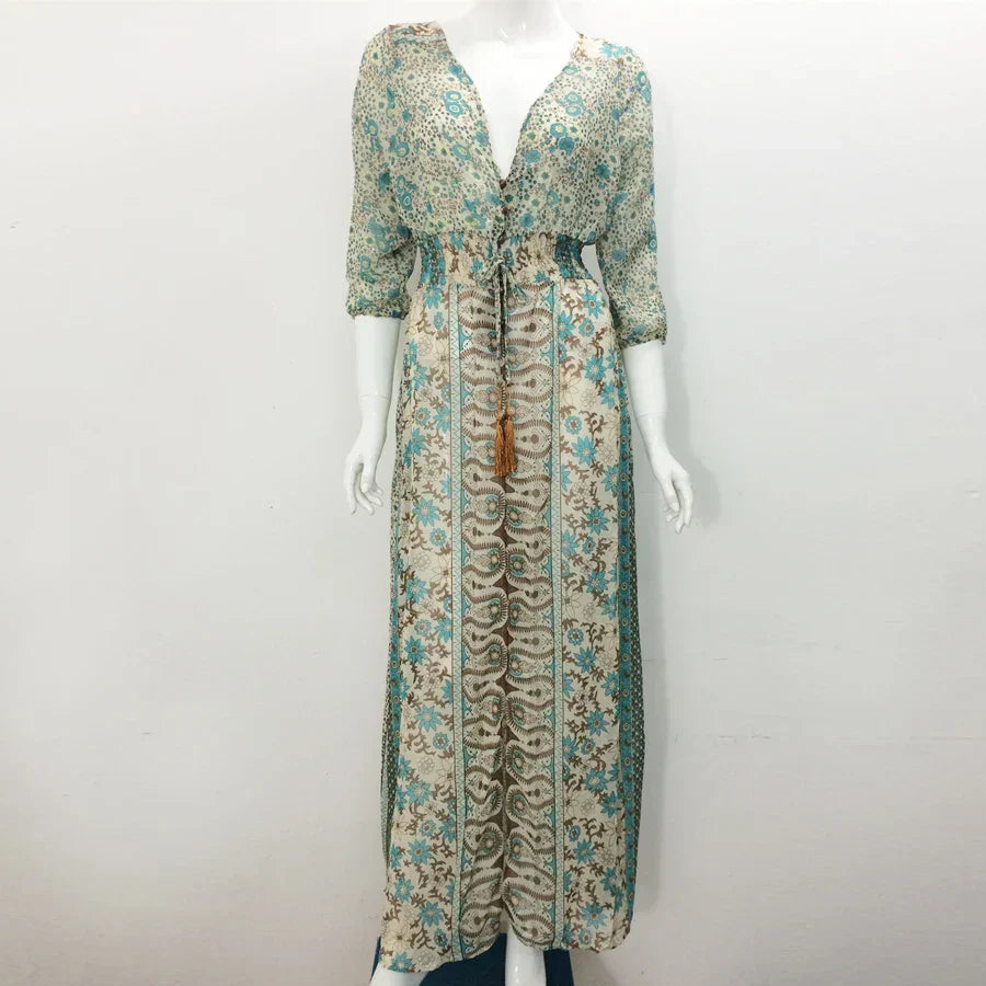 Dames Maxi Jurk | Bohemian Paisley Print | Volumineuze Mouwen & Hoge Split