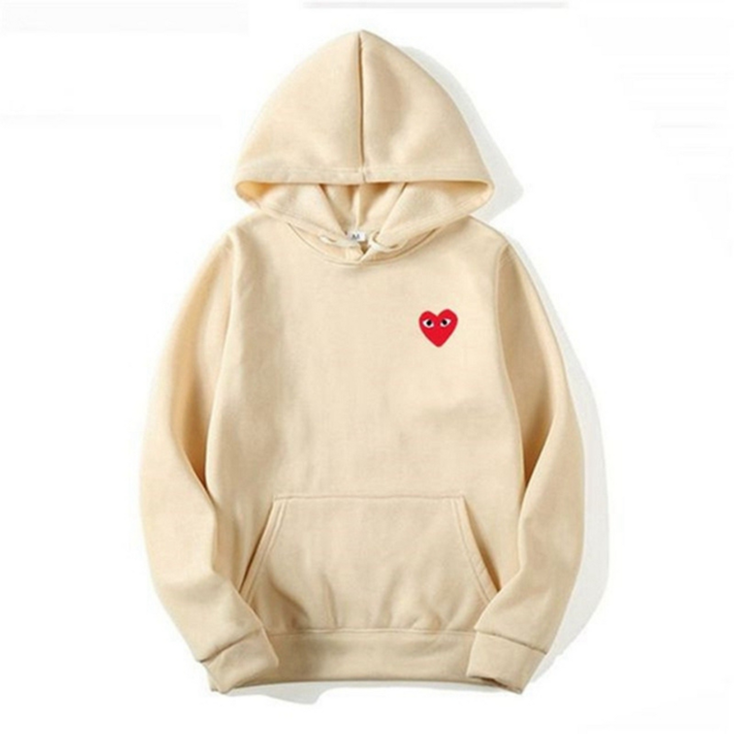Beiger Damen-Hoodie mit rotem Herz-Logo, Baumwolle, Kapuze, Kängurutasche, modisch, bequem.