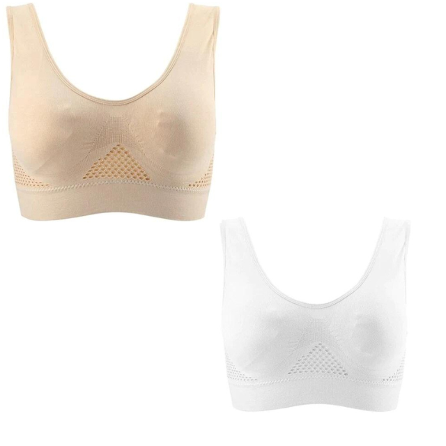 Deux brassières sans couture, beige et blanche, avec design respirant. Lingerie confortable pour femme, soutien-gorge sport, sans armature.